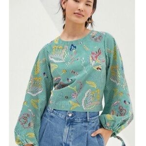 Anthropologie Green Floral Striped Blouse